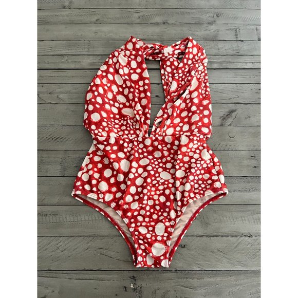ADRIANA DEGREAS Other - ADRIANA DEGREAS V Neck Red Dot Ray Fish One Piece Halter Neck Swimsuit Size M